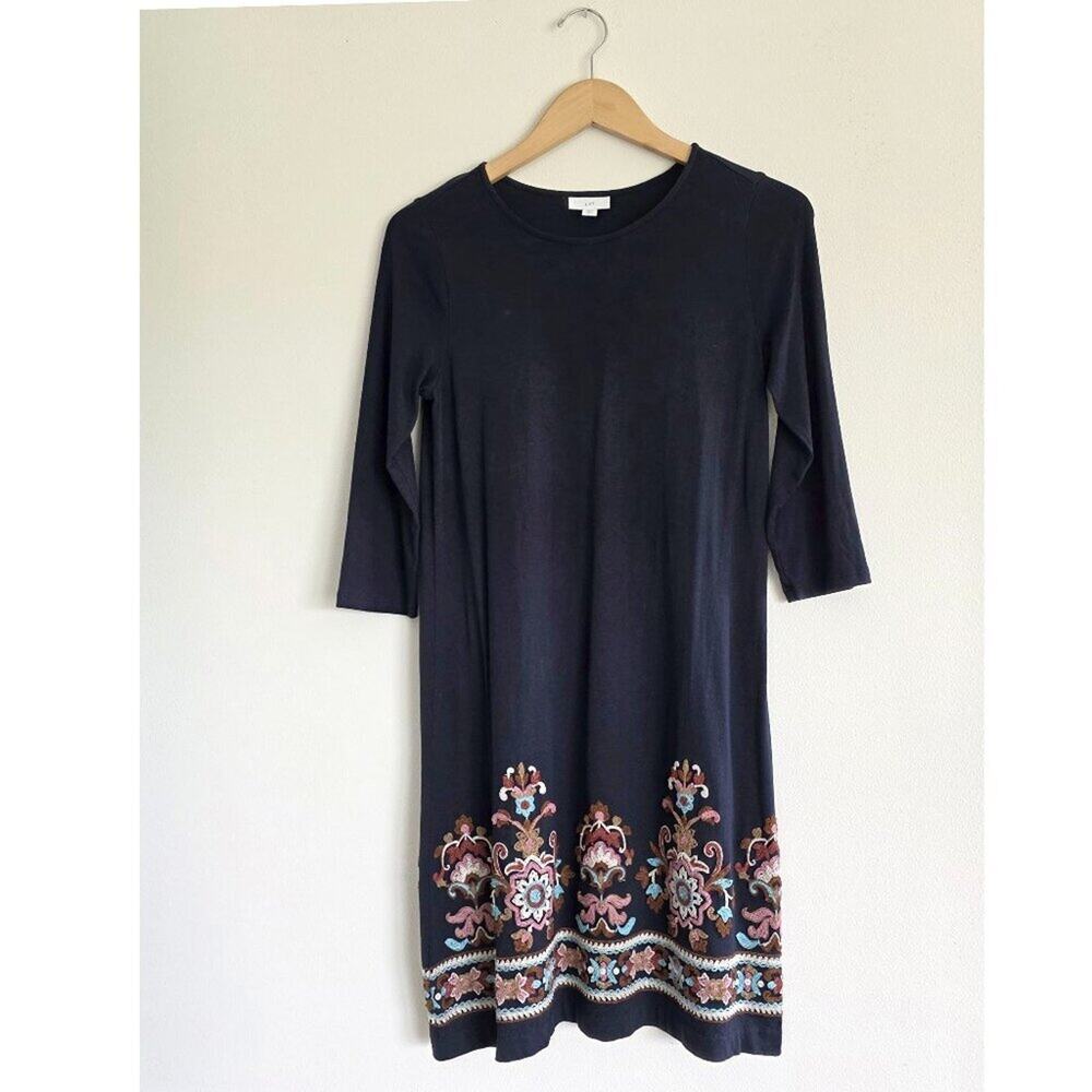 J. Jill Navy Blue Embroidered Hem 3/4 Sleeve Knit Midi Dress Size Petite XS